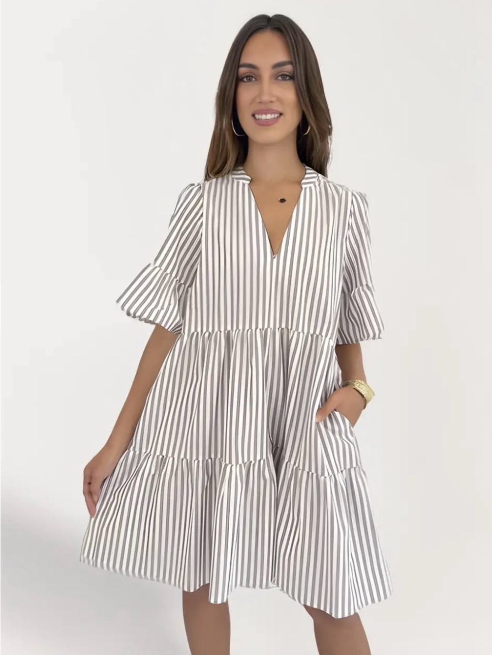 Miracle Camille Tiered Babydoll Dress 8 Mocha Striped Cotton V-Neck Pockets